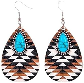 Western Cowgirl Wooden Earrings Set Bohemian Aztec Pattern Turquoise Earrings Vintage Handmade Wood Teardrop Dangle Earrings for Women Girls