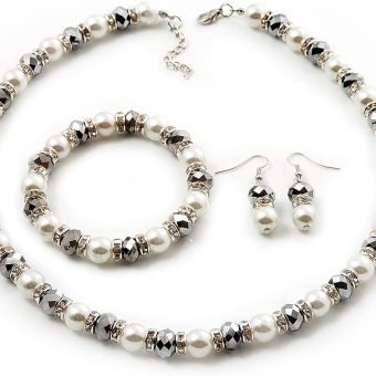 White Imitation Pearl Bead With Diamante Ring Necklace, Bracelet & Earrings Set (Silver Tone Metal)