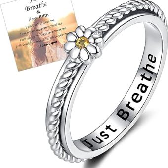 ZOEXUE Sterling Silver Daisy Anxiety Spinner Rings with Just Breathe Flower Fidget Ring ADHD Stress Relieving Ring Inspirational Jewelry Gifts for...