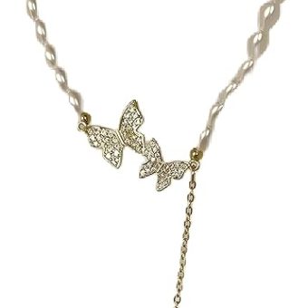 ZUT Butterfly Pearl Choker Necklace for Women - 18K Gold Plated, Adjustable, 38 cm Length, with Imitation Pearls and Zircon Stones - Jewelry for...