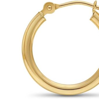 14k Yellow Gold Classic Shiny Polished Round Hoop Earrings, 2mm tube