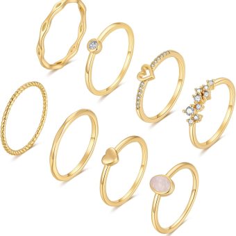 RLMOON 8-12PCS 14K Gold Stacking Ring Set for Women Teen Dainty Thumb Stackable Rings Gold Heart CZ Non Tarnish Rings Plain Band Size 4-11