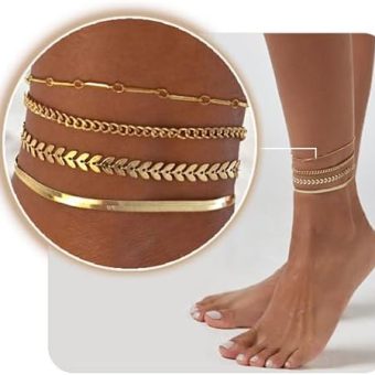 Waterproof Gold Anklets for Women, Dainty 18K Gold Plated Anklets Layered Cuban Link Chain Herringbone Cute Anklets Set Summer Beach Jewelry Gift for Women