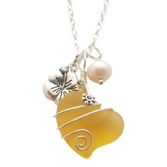 Yinahawaii Handmade Sea Glass Necklace, Hawaiian Jewelry For Women, Wire Heart Necklace Yellow Necklace, Hibiscus Pearl Necklace, Sea Glass Jewelry Birthday Gift For Girl (November Birthstone Jewelry)