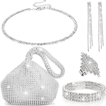 5 Pcs Rhinestone Silver Jewelry Set, Shiny Silver Clutch Purse for Women, Silver Necklace Set, Wedding Jewelry, Bling Necklace Earrings Bracelet...