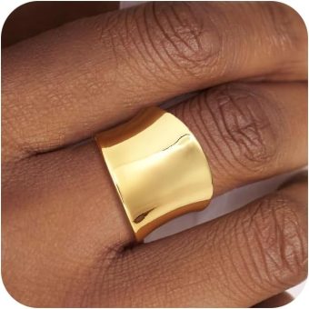 Dainty 14k Gold Plated Wide Band Ring for Women Non Tarnish - Trendy Statement Chunky Thumb Knuckle Ring Size 5-11