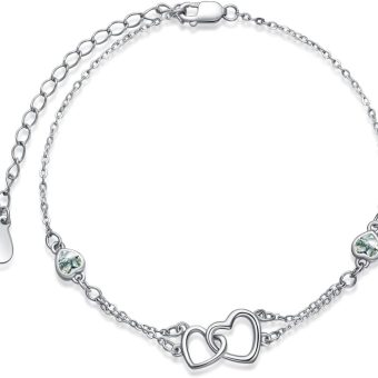 Dorunmo Anklet/Bracelet for Women 925 Sterling Silver Birthstone Jewelry Cubic Zirconia Double Heart Chain Jewelry for Mom Wife Friend Bride Valentine's Day Christmas Birthday Mother's Day