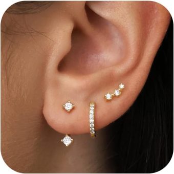 Gold Stud Earrings Set for Women, 3 Pairs Huggie Hoop Jacket Studs Earring Stack for Multiple Piercing, Hypoallergenic 925 Sterling Silver Post Dainty Birthstone Trendy Jewelry Gifts