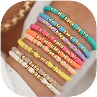 Friendship Bracelets Boho Stackable Bracelets for Women Surfer Heishi Clay Bead Bracelets Stretch Preppy Bracelets Colorful Boho Bracelets for Women