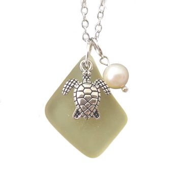 YInahawaii Handmade Topaz Yellow "November Birthstone Color" sea glass necklace, Turtle Charm, Natural pearl, (Hawaii Gift Wrapped, Customizable Gift Message)