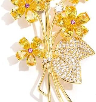 Glittering 14K Gold Crystal Bouquet Brooch, Luxurious Moissanite Embellished Vintage Floral Brooch, Shawl Accessory for Fashion Ladies