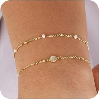 Foxgirl Gold Pearl Beaded Bracelets for Women 14K Gold Plated Bracelets Dainty Flower Bracelets for Women Gold CZ Bracelets Stackable Bracelets for Women Trendy Jewelry for Women Gifts for Her