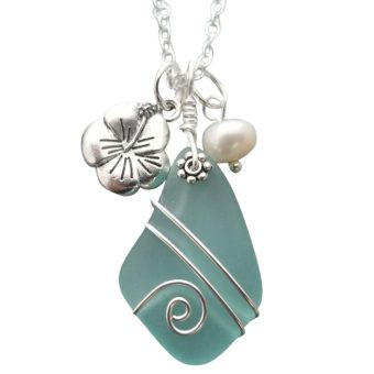 Yinahawaii Handmade Sea Glass Necklace, Hawaiian Jewelry For Women, Aquamarine Necklace Wire Wrapped Aqua Green Necklace, Hibiscus Pearl Sea Glass Jewelry For Women, Birthday Gift (March Birthstone)