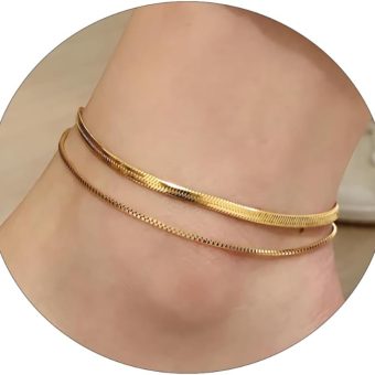 Waterproof Ankle Bracelets for Women, Layered Gold Anklets for Women 18K Gold Plated Dainty Layering Herringbone Box Beaded Dot Link Chain Anklet Set Summer Beach Jewelry