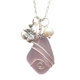 Yinahawaii Handmade Sea Glass Necklace, Hawaiian Jewelry For Women, Wire Pink Necklace Hibiscus Pearl Necklace, Ocean Necklace, Sea Glass Birthday Gift (October Birthstone Jewelry) (Non-Personalized)