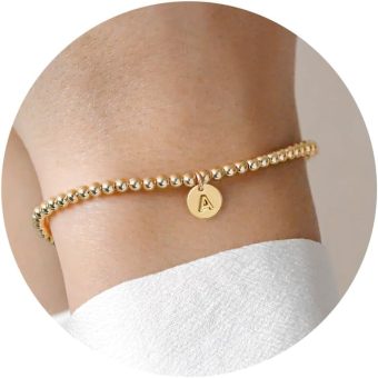 Turandoss Gold Initial Bracelet for Women - Dainty 14K Gold Plated Letter A-Z Charm Disc Bracelet for Women Trendy, Womens Gold Jewelry Beaded Bracelet Gifts