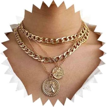 Boho Multilayer Coin Necklace Vintage Gold Chunky Link Cuban Chain Choker Necklace for Women and Girls(Gold)