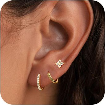 Gold Earrings for Women Trendy, Dainty Small Hoop Earrings Set Multiple Piercing Cute CZ Flower Huggie Stud Earring 14K Gold Lightweight Hypoallergenic Cartilage Earrings Gold Jewelry for Women Gifts