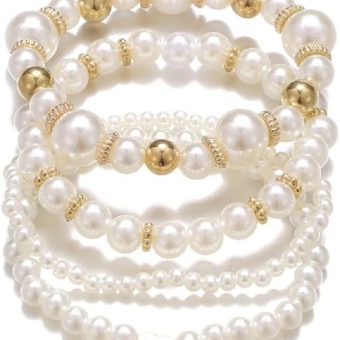 Fuqimanman2020 Chunky Simulated Pearl Stackable Stretch Bracelet Set Beaded Ball Adjustable Multilayered Elastic Bangles for Women Wedding Jewelry