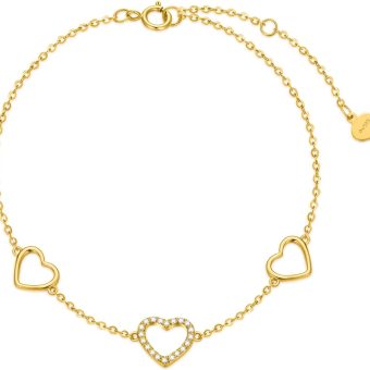 SISGEM 10k Gold Three Heart Anklets for Women, Love Ankle Bracelet Foot Jewelry for Wife/Girlfriend, Birthday Gifts for Her, 9.4"-11"