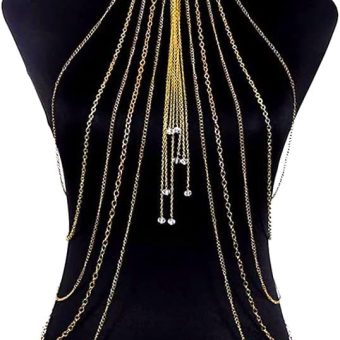 Yomiie Body Chain Layered Gold Tassels Necklace Fashion Jewelry Belly Waist Bra Hot Bikini Beach Harness Anniversary Festival Gift for Women Lady