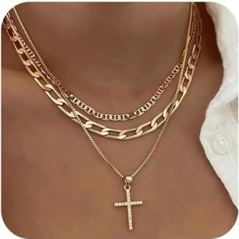 Layered Gold Necklaces for Women Dainty 14k Gold/Silver Plated Stackable Choker Necklaces for Women Trendy Cuba Cross Circle Pendant Necklaces Set Jewelry Gifts for Women