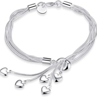 925 Sterling Silver Five-Line Chain with Five-Heart Bracelet Bangle