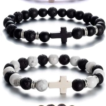 Softones 4PCS Cross Beads Bracelet for Men Women 8mm Healing Lava Stone Stretch Bracelets,7.5"