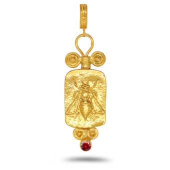 Caprixus 925 Sterling Silver Pendant Ancient Artemis Greek Queen Honey Bee Coin 24K Gold Vermeil Red Color Cubic Zirconia Turkish Fine Bumblebee Jewelry for Women