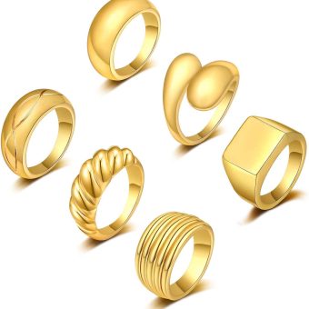 KOHOTA 6PCS Thick Dome Chunky Rings for Women 18K Gold Plated Braided Twisted Signet Ring Big Croissant Ring Minimalist Statement Ring Size 5-9