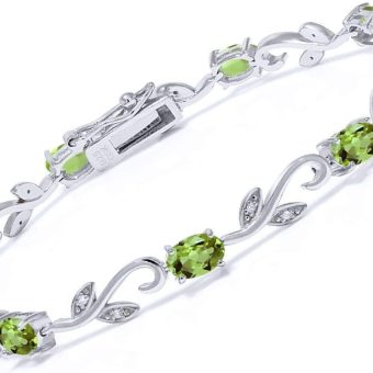 Gem Stone King 4.63 Cttw Oval Green Peridot and Diamond Greek Vine Tennis Bracelet For Women | 925 Sterling Silver | Gemstone Birthstone | 7 Inch