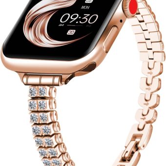 Slim Sparkle Rhinestone Metal Watch Band for Women Compatible with Apple Watch Ultra/Ultra 2 Band, 38mm 40mm 41mm Jewelry Bling Diamond Watch Band for iWatch 9/8/7/6/5/4/3/2/1/SE Rose Gold