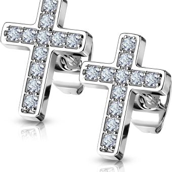 Pair of Surgical Steel CZ Paved Cross Stud Earrings for Women