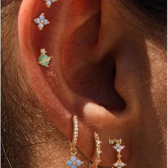 Dainty Gold Earrings Set for Women - Cartilage Earring 14K Gold Plated Sterling Silver Post Hypoallergenic Small Ivy Flower Star Huggie Hoop Earrings Dangle Pearl Earrings Cartilage Earrings for Women