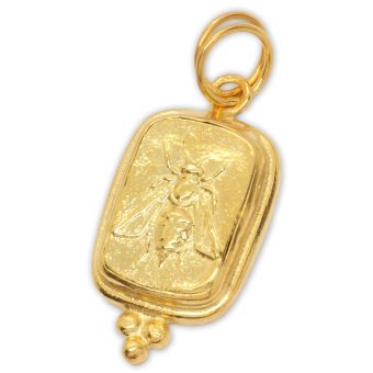 Caprixus 925 Sterling Silver Pendant Ancient Ephesus Honey Bee Coin 24K Yellow Gold Vermeil Handmade Granulated Designer Greek Art Artisan Turkish Fine Jewelry