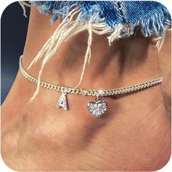 Sewyer Dainty Silver Initial Heart Anklets for Women Personalized Sparkle Ankle Bracelets Simple Letter Anklet Everyday Jewelry Gift for Her