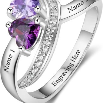 Personalized Name Rings 2 Simulated Birthstones Promise Rings for Her Women Couple Engagement Rings Band