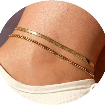 MIDEEO Herringbone Chain Anklet for Women 14K Gold Filled Flat Snake Chain Anklet Dainty Simple Layering Cuban Snake Ankle Bracelet Summer Trendy Anklet Foot Bracelet