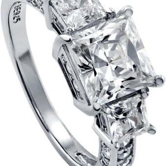 BERRICLE Sterling Silver 3-Stone Wedding Engagement Rings Princess Cut Cubic Zirconia CZ Ring for Women, Rhodium Plated Size 4-10