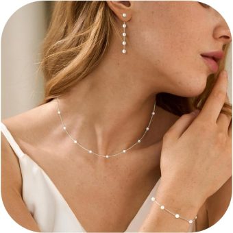 Gold Jewelry Set for Women,Dainty 14K Gold/Silver Plated Pearl Necklace and Earring Set Pearl Drop Earrings Pearl Bracelets Pearl Choker Necklace Wedding Jewelry for Women Gift