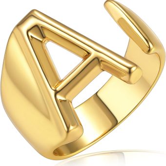 KeyStyle Bold Initial Letter Rings Adjustable, GoldChic Jewelry Women Gold Statement Ring Personalized Engraved Women’s Open Signet Ring for Party (Gold, White Gold, Black)