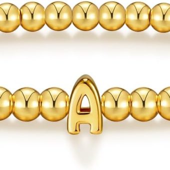 Wowshow Gold Bracelets for Women Strand Gold Beaded Bracelets Initial Bracelet with A-Z Letter Charm 18K Gold Plated Bead Ball Bracelet Gold Jewelry Gifts for Women Mother's Day Christmas