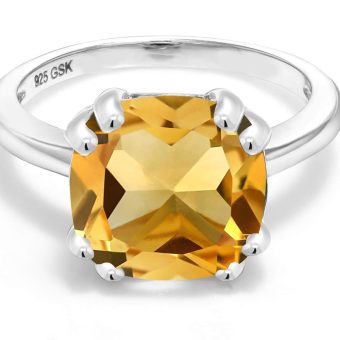 Gem Stone King 925 Sterling Silver Yellow Citrine Double Prong Ring For Women (3.22 Cttw, Cushion Cut 10MM, Gemstone Birthstone, Available In Size 5, 6, 7, 8, 9)