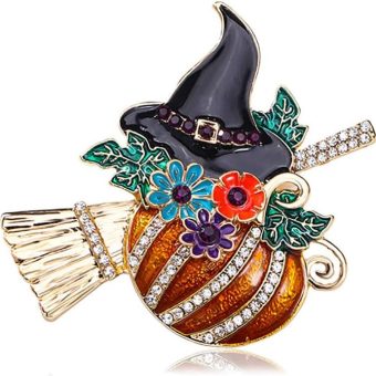 Rhinestone Pumpkin Witch Hat Brooch Pin for Women Men Enamel Crystal Flower Leaf Broom Halloween Brooches Dainty Dress Accessories Holiday Festival Jewelry Gift