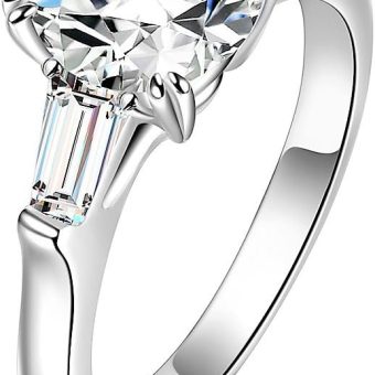 espere Sterling Silver 2 Carat CZ Baguette Round Solitaire Engagement Ring Bridal Wedding Jewelry