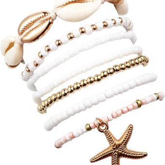 Pingyongchang Bohemian Stackable Shell Beaded Ankle Bracelets for Women Colorful Boho Multi-Layer Seashell Gold Starfish Adjustable Handmade Braid Bracelet Summer Beach Holiday Accessories Gifts