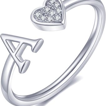 WFYOU Heart Initial Ring for Women Silver Rose Gold Plated Heart Capital Letter Initial Rings Stackable Rings for Women Adjustable Heart Alphabet Letter Rings Jewelry Gifts for Women