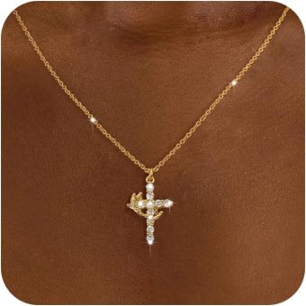 Tewiky Diamond Cross Necklace for women-Dainty 14k Gold Cubic Zirconia Pendant Necklaces Simple Gold Cross Pendant Necklace Cute Tiny Gold Jewelry