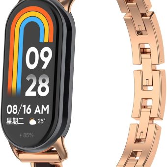 Stylish Wristband Compatible with Xiaomi Mi Band 8, Stainless Steel Metal Chain Cowboy Style Replacement Strap with Fashion Unique Leather Dressy Jewelry Bracelet for Mi Fit Band 8 SmartWatch