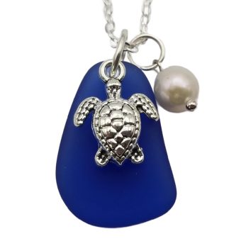 YInahawaii Handmade cobalt sea glass necklace, "September Birthstone ", sea turtle charm, Natural pearl, (Hawaii Gift Wrapped, Customizable Gift Message)